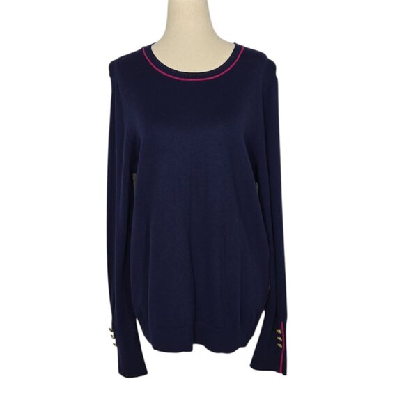 COURT & ROWE Navy Pink Trim Sweater Gold Button Cuffs crew neck Size Large NWT - Picture 1 of 9